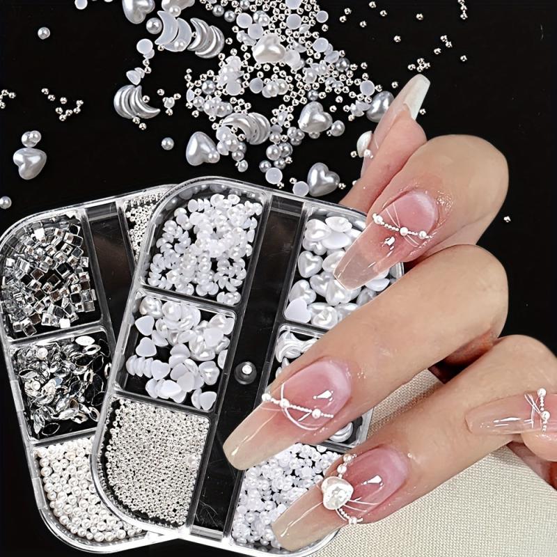 6 Grids Mixed Shape Nail Decor Kit Glass Clear & Peach Heart Charms Nail Decal