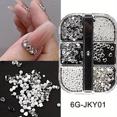 6 Grids Mixed Shape Nail Decor Kit Glass Clear & Peach Heart Charms Nail Decal