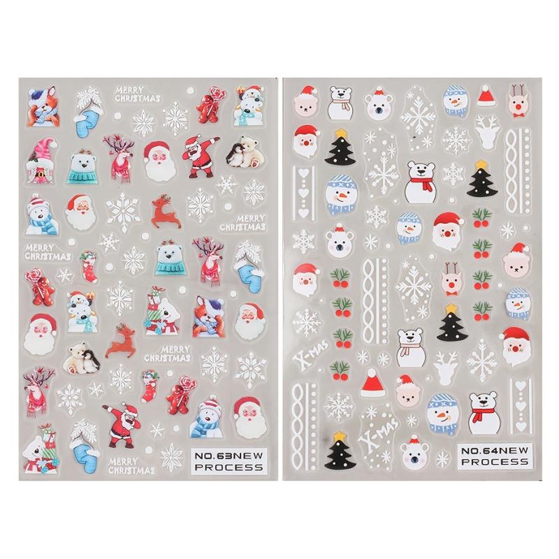 2pcs 5D Christmas Cartoon Nail Art Stickers Santa Snowflake Snowman Bear Scarf