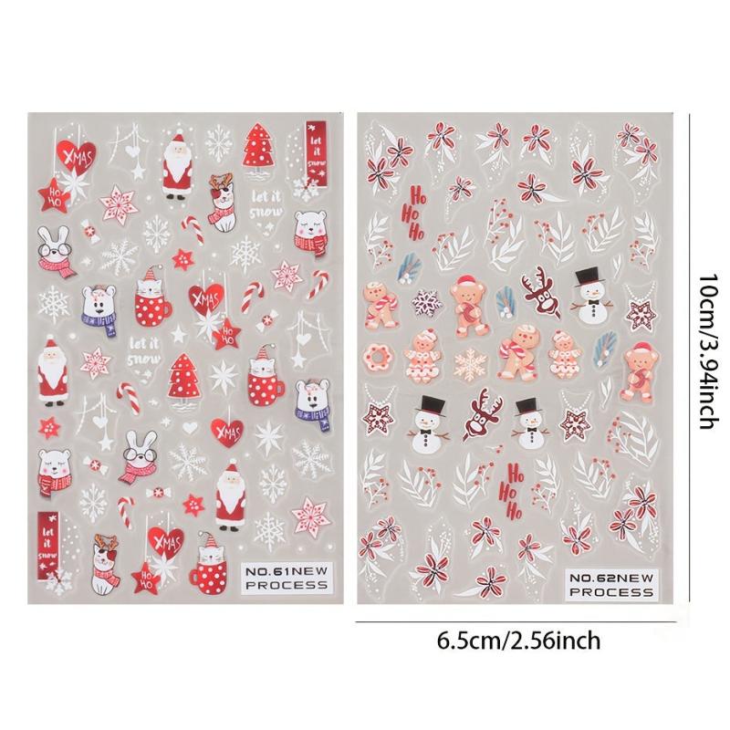 2pcs 5D Christmas Cartoon Nail Art Stickers Santa Snowflake Snowman Bear Scarf