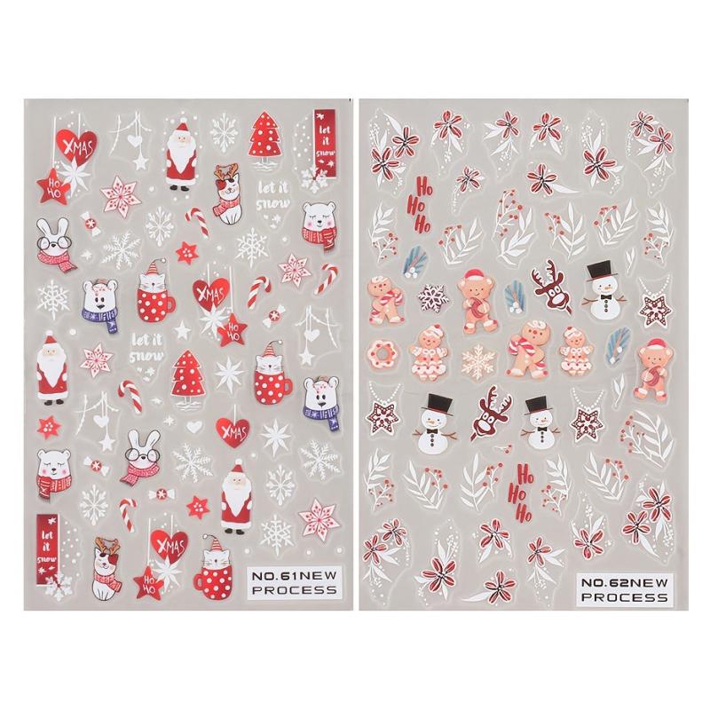 2pcs 5D Christmas Cartoon Nail Art Stickers Santa Snowflake Snowman Bear Scarf