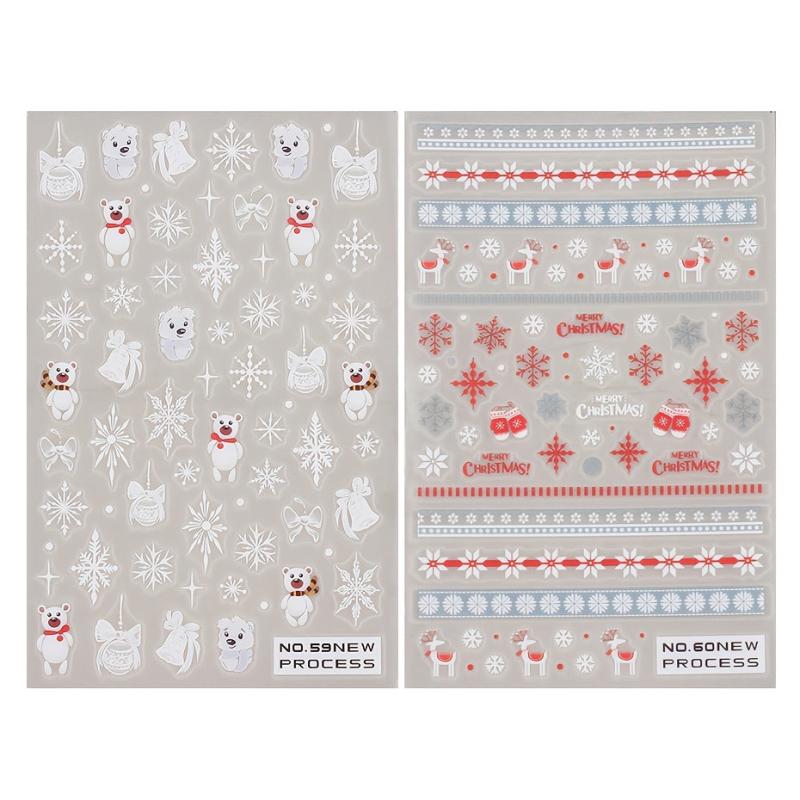 2pcs 5D Christmas Cartoon Nail Art Stickers Santa Snowflake Snowman Bear Scarf