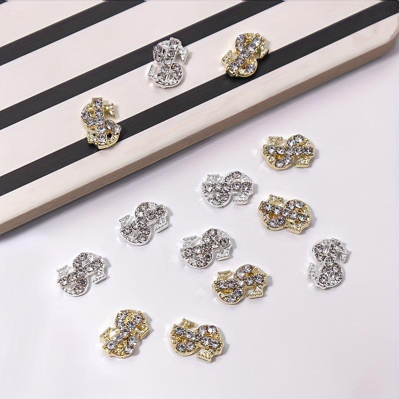 10 pcs 3D Dollar Sign Nail Charms with Gems and Rhinestones
