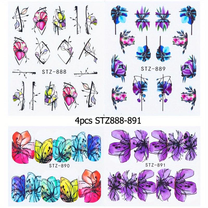 4 Pcs Flower Leaves Nail Art Stickers Spring Manicure Decorative Ornament
