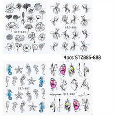 4 Pcs Flower Leaves Nail Art Stickers Spring Manicure Decorative Ornament