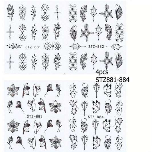 4 Pcs Flower Leaves Nail Art Stickers Spring Manicure Decorative Ornament