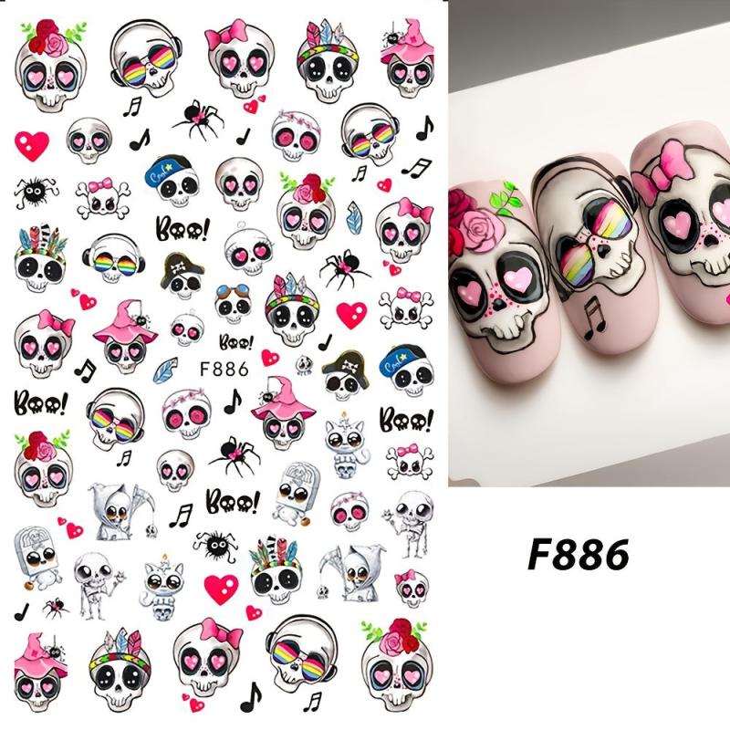 Halloween Nail Art Stickers Skull Decals 3D Autumn Leaf Pumpkin
