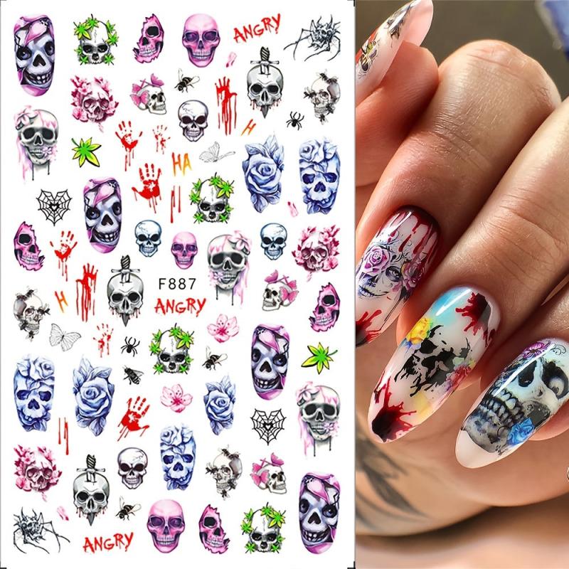 Halloween Nail Art Stickers Skull Decals 3D Autumn Leaf Pumpkin