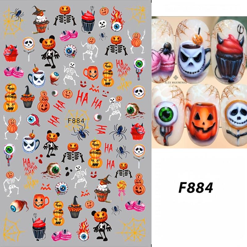 Halloween Nail Art Stickers Skull Decals 3D Autumn Leaf Pumpkin