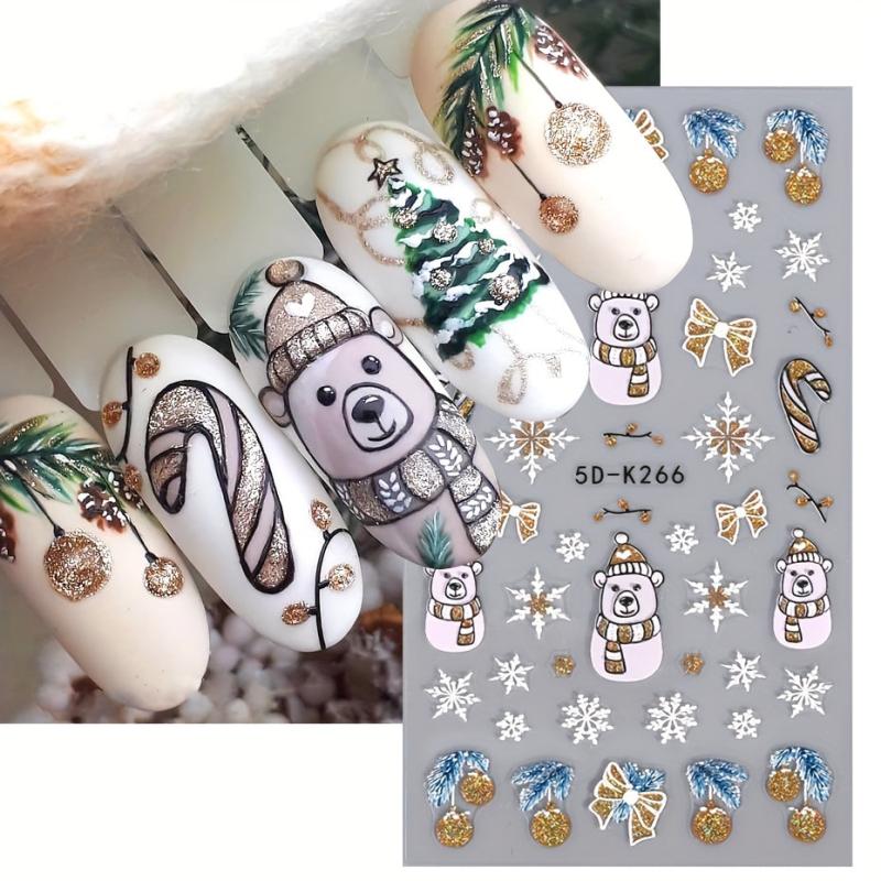 5D Glitter Christmas Nail Stickers Bear Snowman Snowflakes Bell