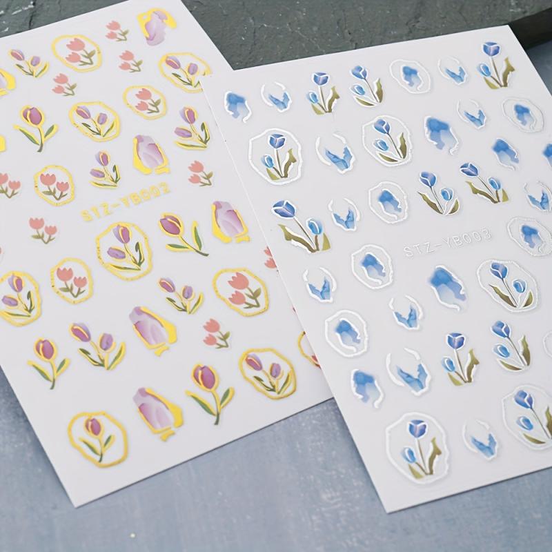 5D Engraved Tulip Nail Art Stickers - Set of 3 Sheets