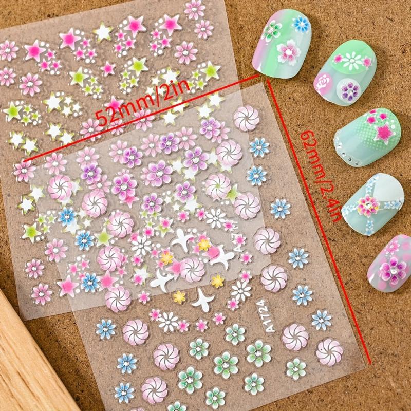 24 pcs Summer Flower Nail Art Stickers 5D Embossed Flower Leaves for Nails