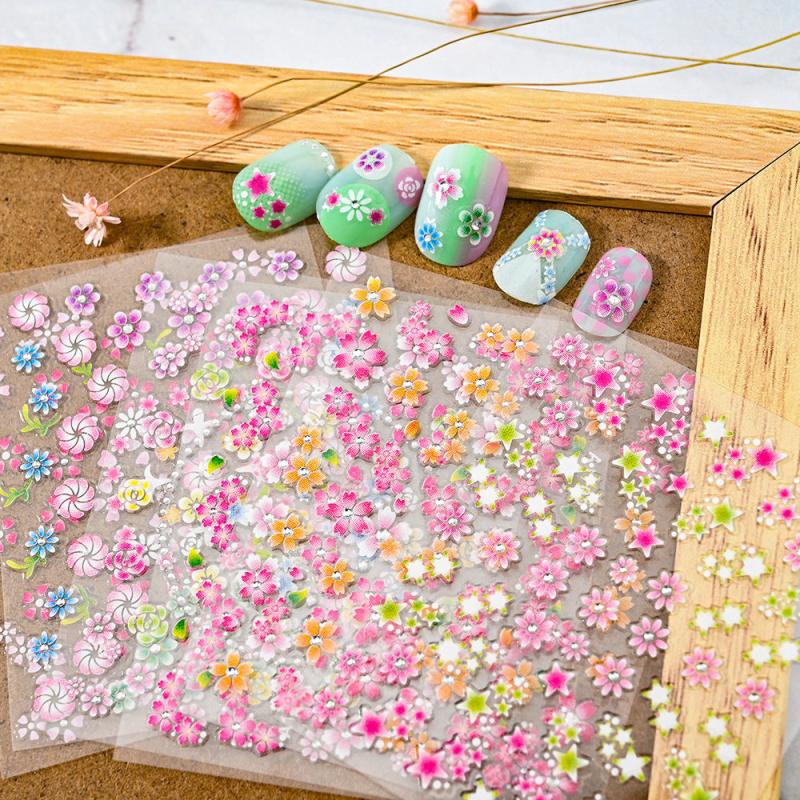 24 pcs Summer Flower Nail Art Stickers 5D Embossed Flower Leaves for Nails