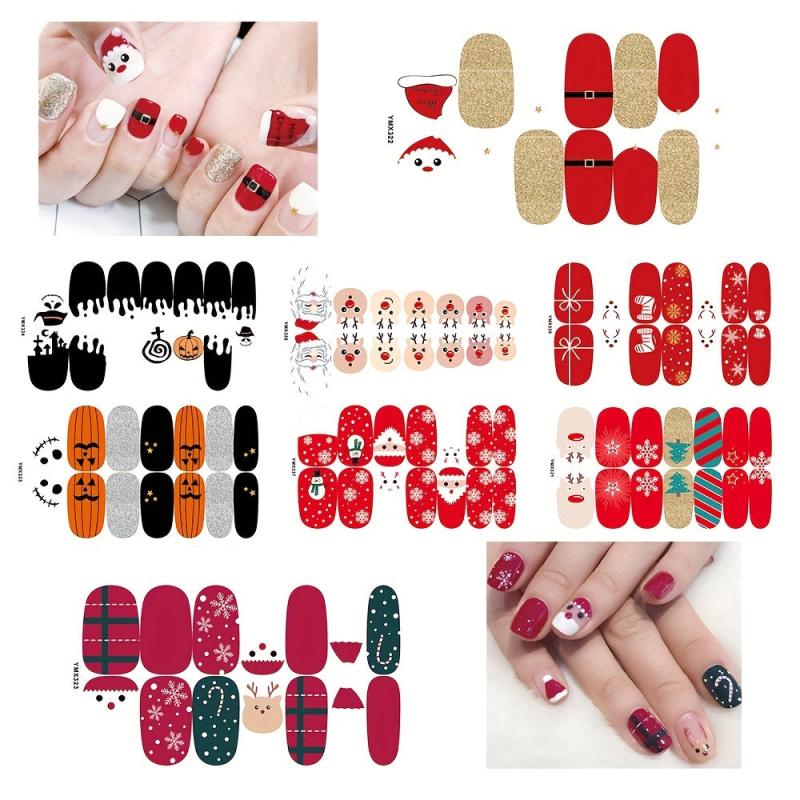 8pk Christmas & Halloween Nail Stickers Full Nail Wraps Holiday Nail Art Decals