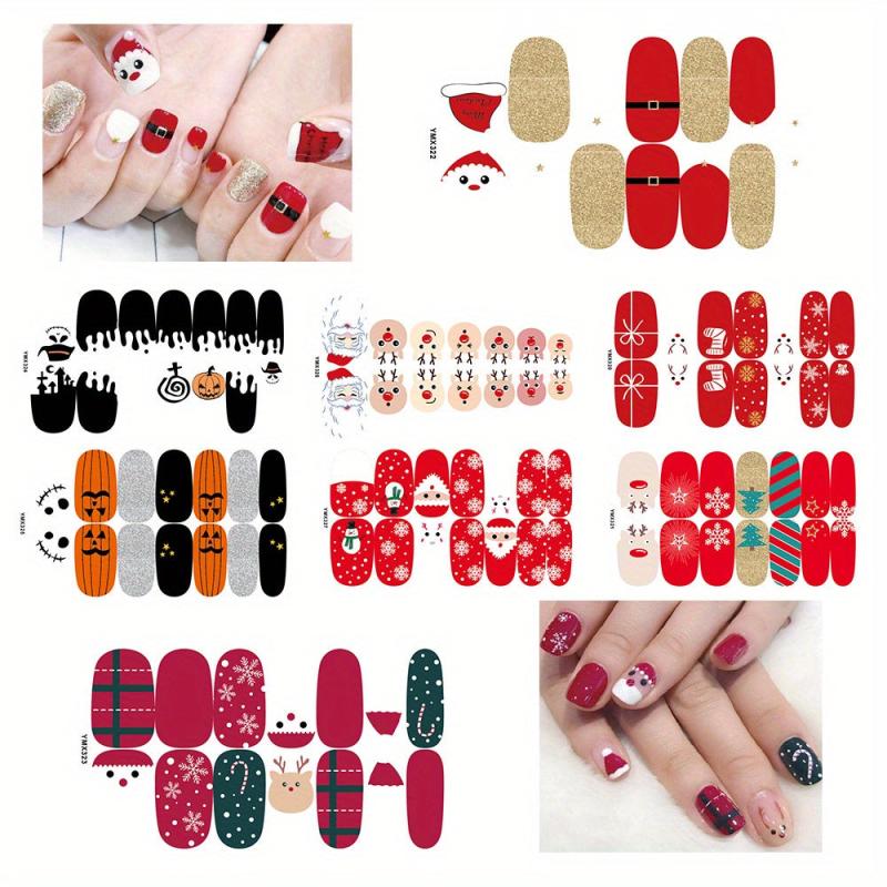 8pk Christmas & Halloween Nail Stickers Full Nail Wraps Holiday Nail Art Decals