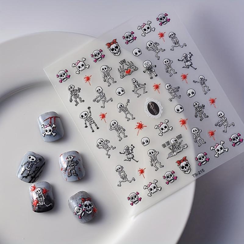 5D Embossed Halloween Nail Art Decals - Skull Skeleton Witch Bat Blood Drop