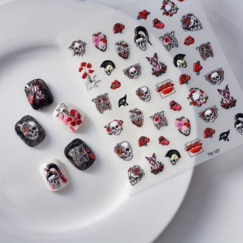 5D Embossed Halloween Nail Art Decals - Skull Skeleton Witch Bat Blood Drop