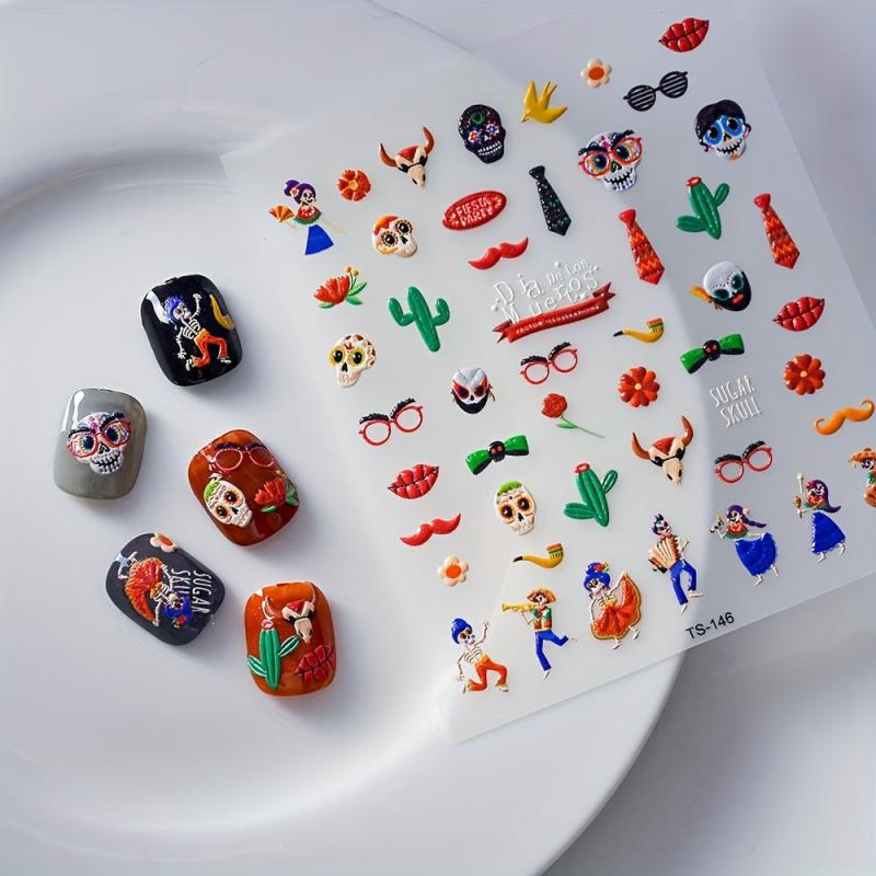 5D Embossed Halloween Nail Art Decals - Skull Skeleton Witch Bat Blood Drop