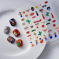 5D Embossed Halloween Nail Art Decals - Skull Skeleton Witch Bat Blood Drop