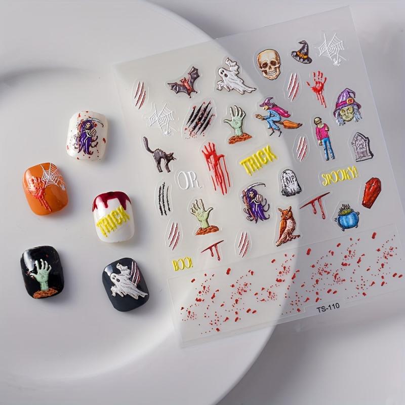 5D Embossed Halloween Nail Art Decals - Skull Skeleton Witch Bat Blood Drop