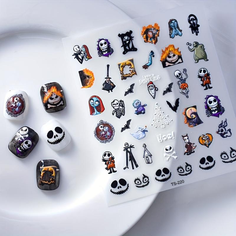 5D Embossed Halloween Nail Art Decals - Skull Skeleton Witch Bat Blood Drop