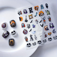 5D Embossed Halloween Nail Art Decals - Skull Skeleton Witch Bat Blood Drop