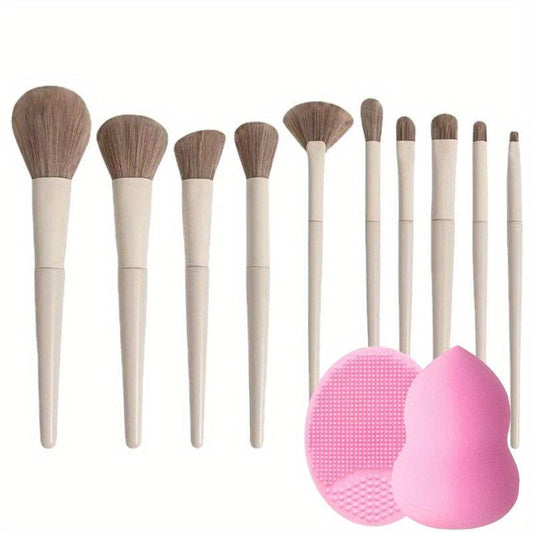 10pcs Makeup Brush Set with Sponge & Silicone Brush - Ideal for Makeup Beginners