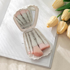 5pc Makeup Brush Set & Shell Storage Box Mirror Face Eye Shadow Blush Makeup Too