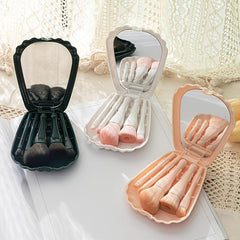 5pc Makeup Brush Set & Shell Storage Box Mirror Face Eye Shadow Blush Makeup Too