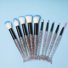 Mermaid Makeup Brush Set 10PCS Crystal Plastic Handle Synthetic Bristles