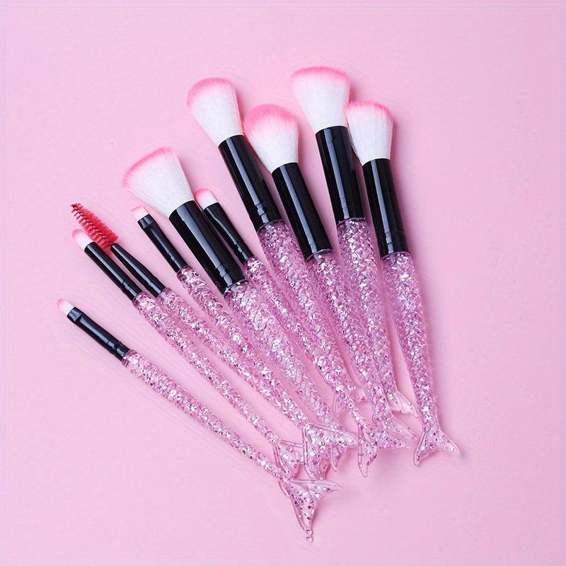 Mermaid Makeup Brush Set 10PCS Crystal Plastic Handle Synthetic Bristles