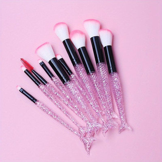 Mermaid Makeup Brush Set 10PCS Crystal Plastic Handle Synthetic Bristles