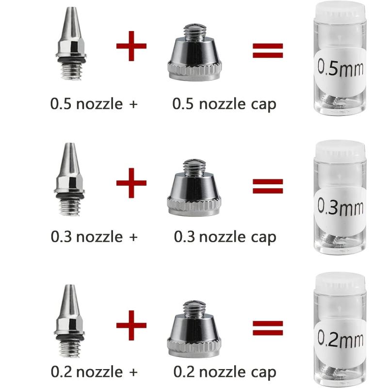10Pcs Airbrush Nozzle Needle Cap Kit w/ Wrench Replacement Parts 0.2 0.3 0.5mm