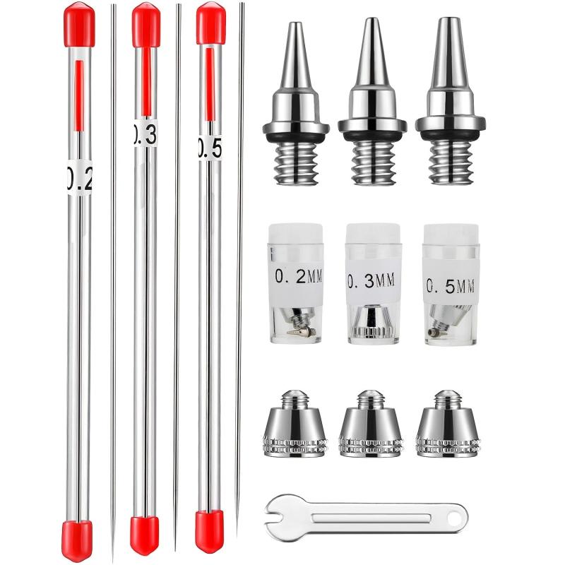 10Pcs Airbrush Nozzle Needle Cap Kit w/ Wrench Replacement Parts 0.2 0.3 0.5mm