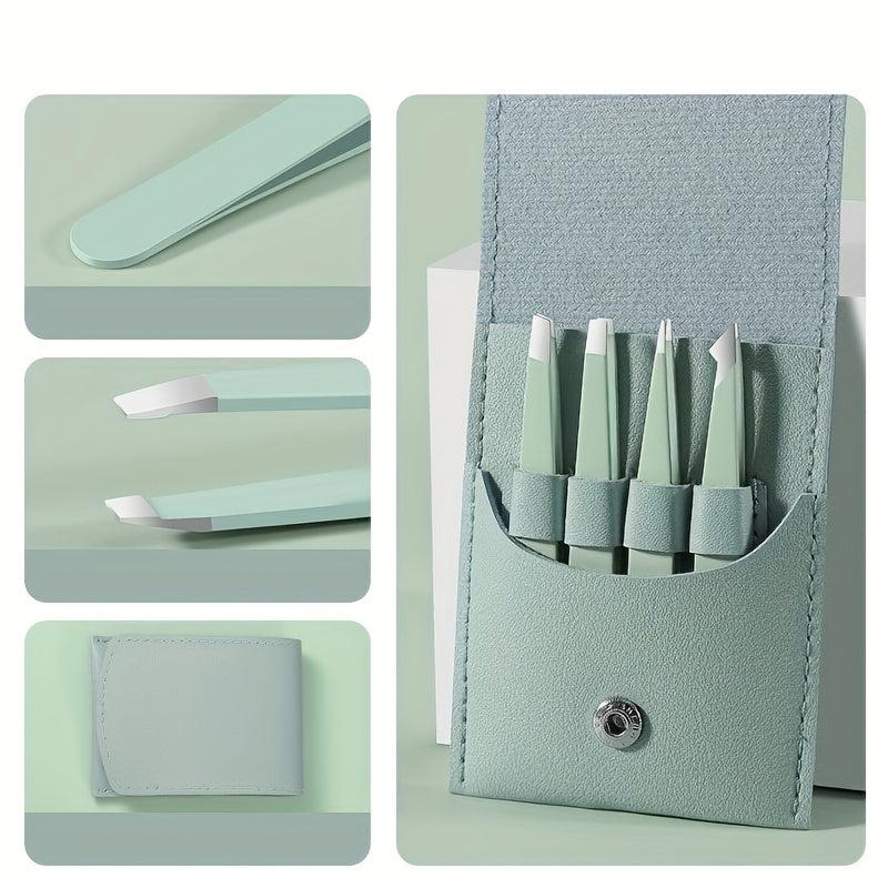 4pcs Stainless Steel Tweezers Set for Eyebrows Precision Facial Hair Removal