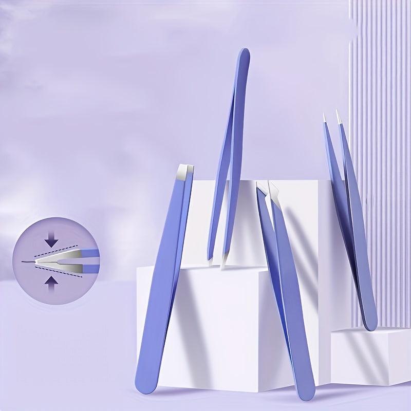 4pcs Stainless Steel Tweezers Set for Eyebrows Precision Facial Hair Removal
