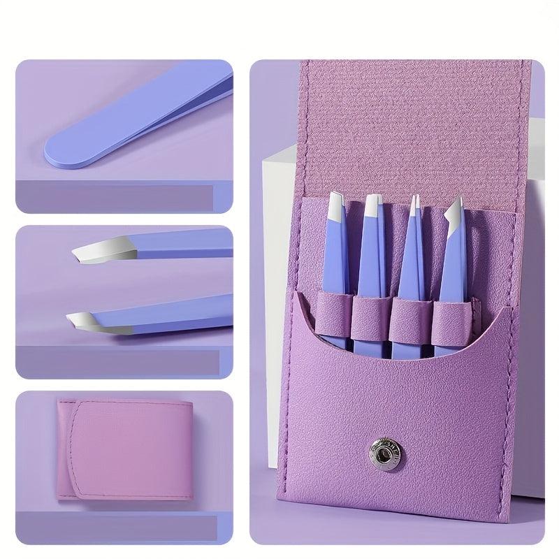 4pcs Stainless Steel Tweezers Set for Eyebrows Precision Facial Hair Removal