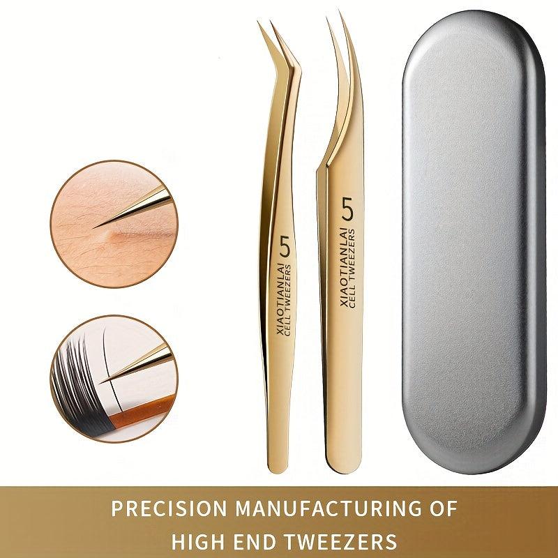 3pcs Eyelash Tweezers Set False Eyelashes Clips Golden Feather Clips