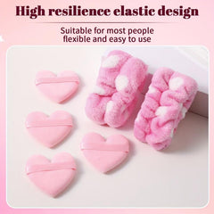 4pcs Heart Shape Powder Puff & 2pcs Wrist Spa Washband Set