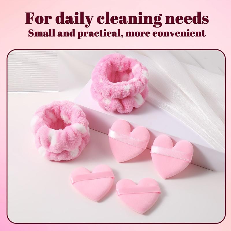 4pcs Heart Shape Powder Puff & 2pcs Wrist Spa Washband Set