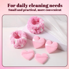 4pcs Heart Shape Powder Puff & 2pcs Wrist Spa Washband Set