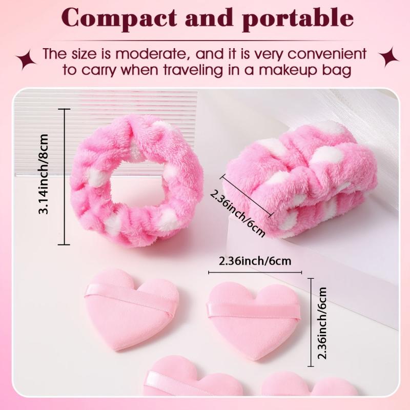 4pcs Heart Shape Powder Puff & 2pcs Wrist Spa Washband Set