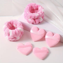 4pcs Heart Shape Powder Puff & 2pcs Wrist Spa Washband Set