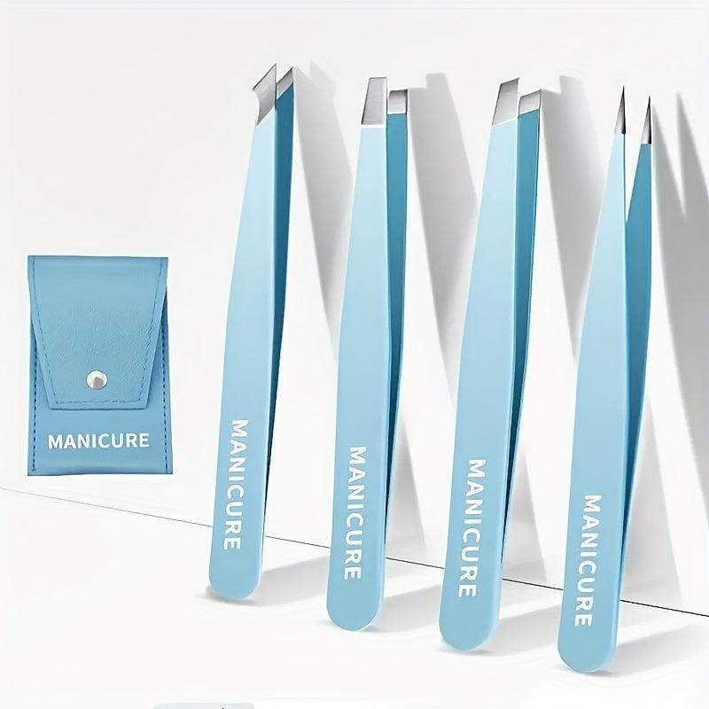 4Pc Eyebrows Tweezers Set w/ Leather Case for Precision Hair Removal
