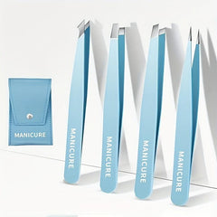 4Pc Eyebrows Tweezers Set w/ Leather Case for Precision Hair Removal