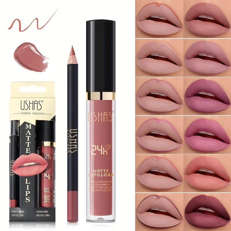 Matte Lip Glaze & Liner Set - 12 Colors Nude Long-Lasting Waterproof Formula