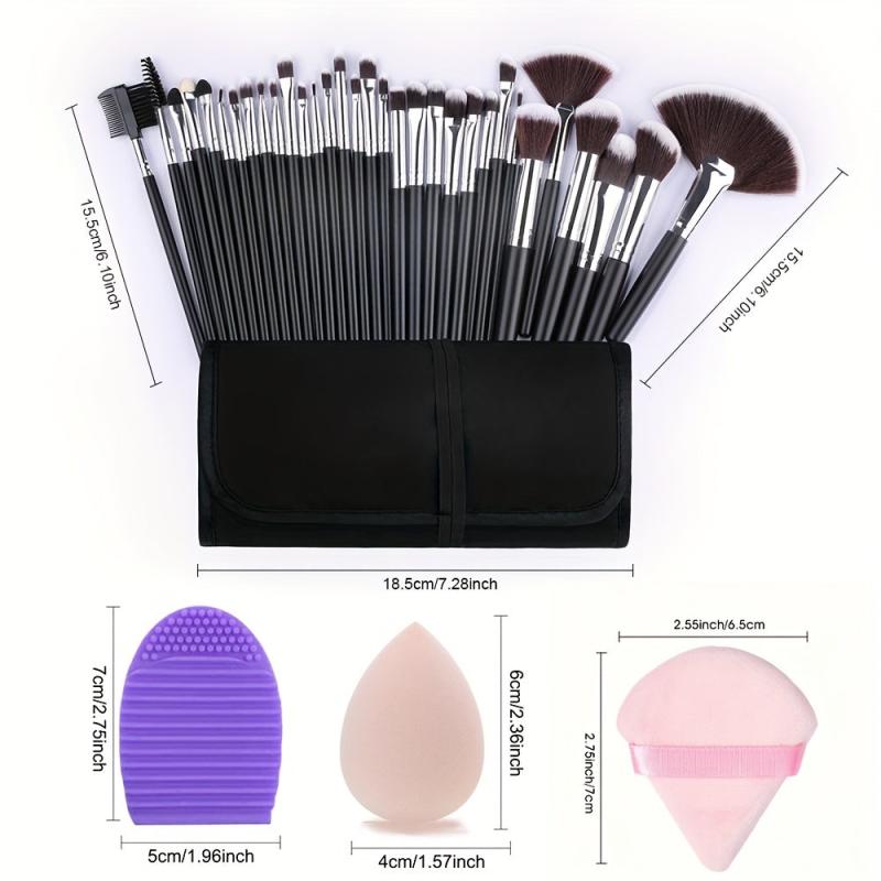 Complete 32Pcs Makeup Brush Set with 2 Triangle Velvet Powder Puffs