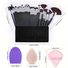 Complete 32Pcs Makeup Brush Set with 2 Triangle Velvet Powder Puffs