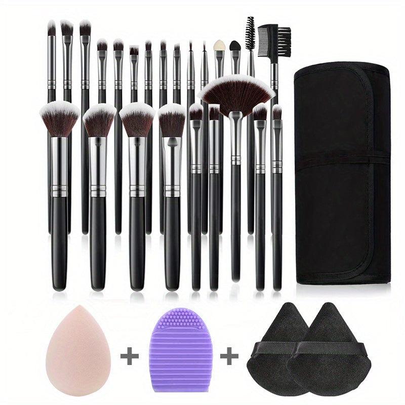 Complete 32Pcs Makeup Brush Set with 2 Triangle Velvet Powder Puffs