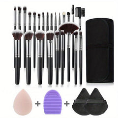 Complete 32Pcs Makeup Brush Set with 2 Triangle Velvet Powder Puffs